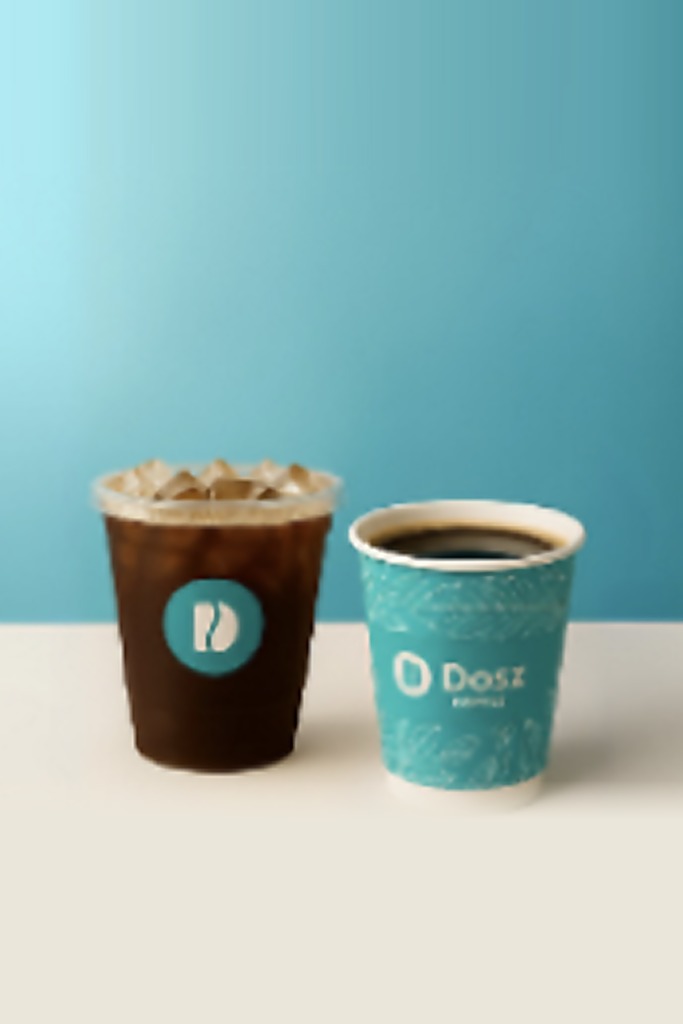 An iced long black and a hot black coffee in Dosz cups